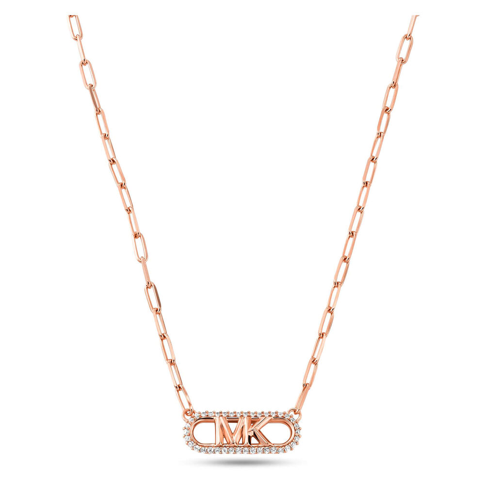 Michael Kors Statement Cubic Zirconia Logo 14ct Rose Gold Plated Chain Link Necklace image number 0