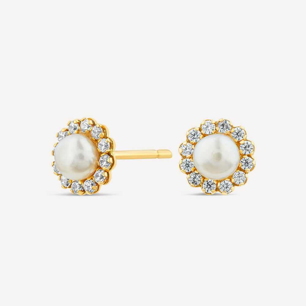 9ct Yellow Gold Tiny Pearl & Cubic Zirconia Surrounded Stud Earrings