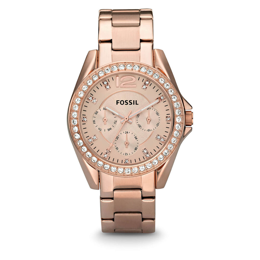 Fossil Riley Rose Chronograph Dial Cubic Zirconia Bezel Rose Gold Plated Bracelet Watch image number 0