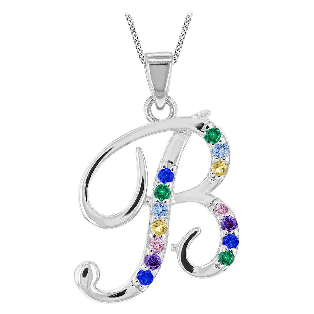 Sterling Silver Coloured Stone Set Initial "B" Pendant - Chain Included image number 0