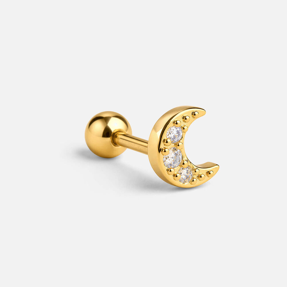Yellow Gold Plated Vermeil Sterling Silver Cubic Zirconia Half Moon Single Stud Earring