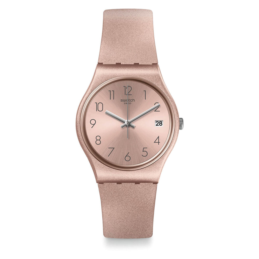 Swatch Pinkbaya 34mm Pink Case Pink Dial Pink Silicone Strap Ladies Watch