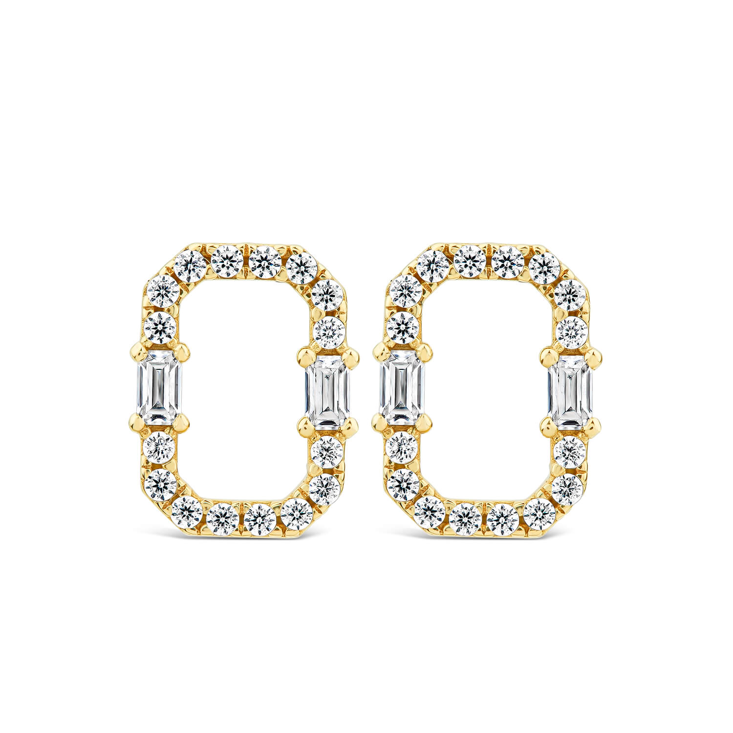 9ct Yellow Gold Open Rectangular Baguette & Round Cubic Zirconia Stud Earrings