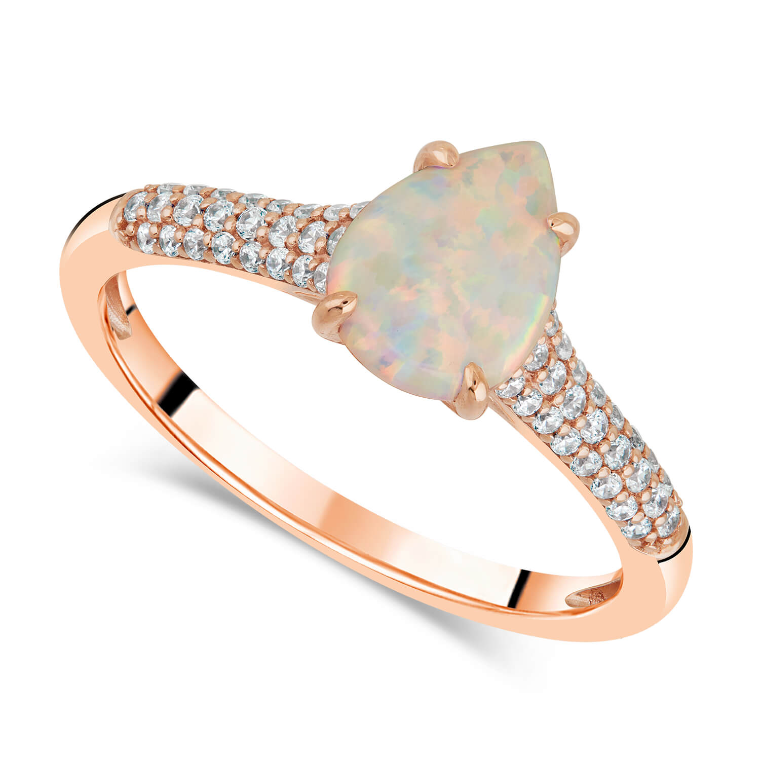 9ct Rose Gold Pear Created Opal Cubic Zirconia Pave Shells Ring
