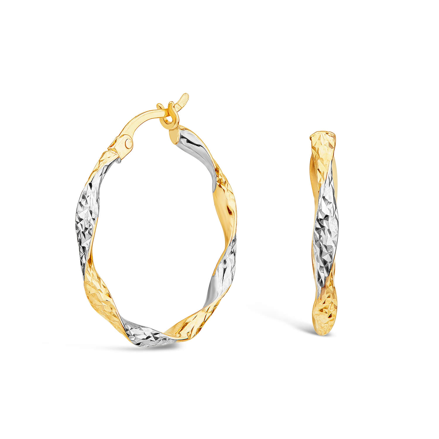 9ct Yellow & White Gold 20mm Diamond Cut Twist Hoop Earrings