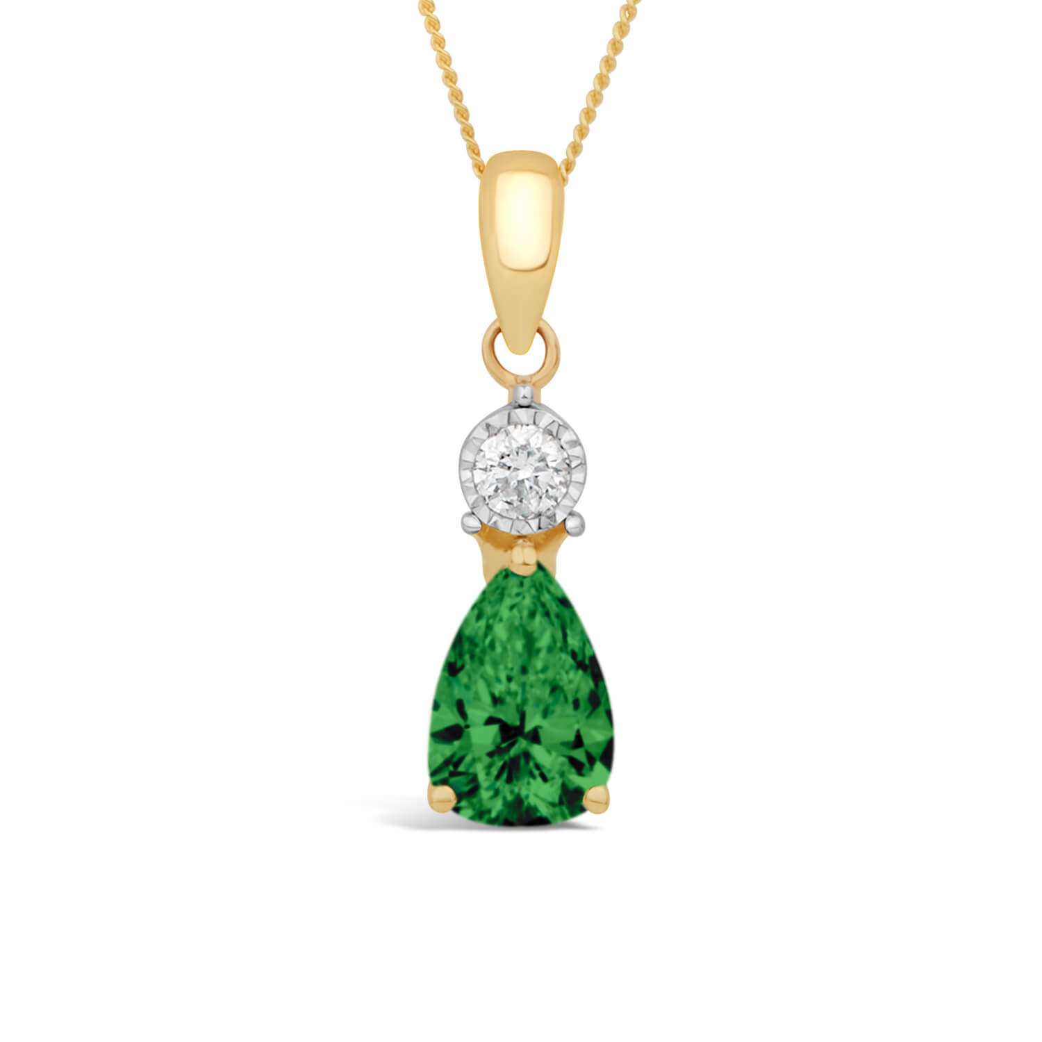 9ct Yellow Gold Pear Shaped Emerald & Diamond Top Pendant