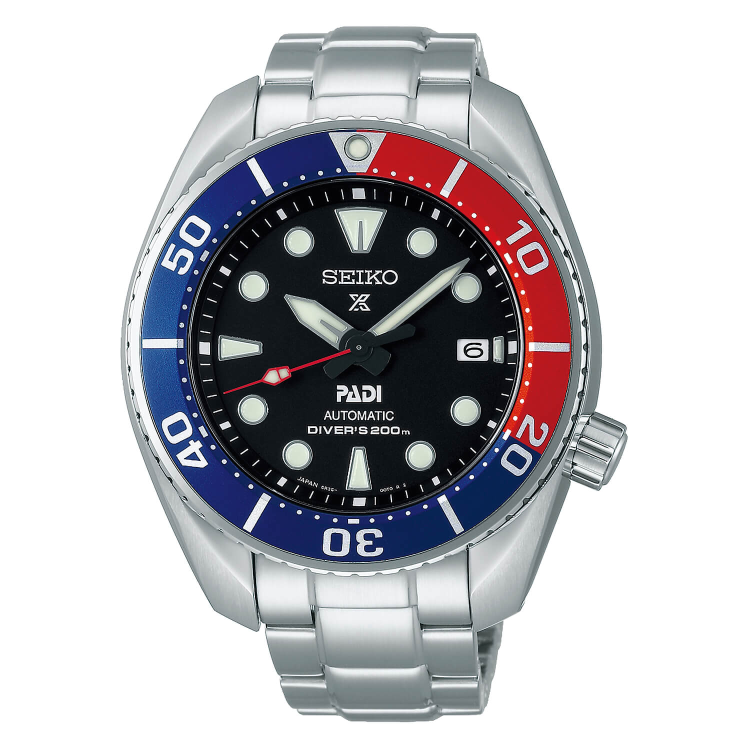 Seiko Prospex 45mm Black Dial PADI Red &Blue Bezel Steel Bracelet Watch
