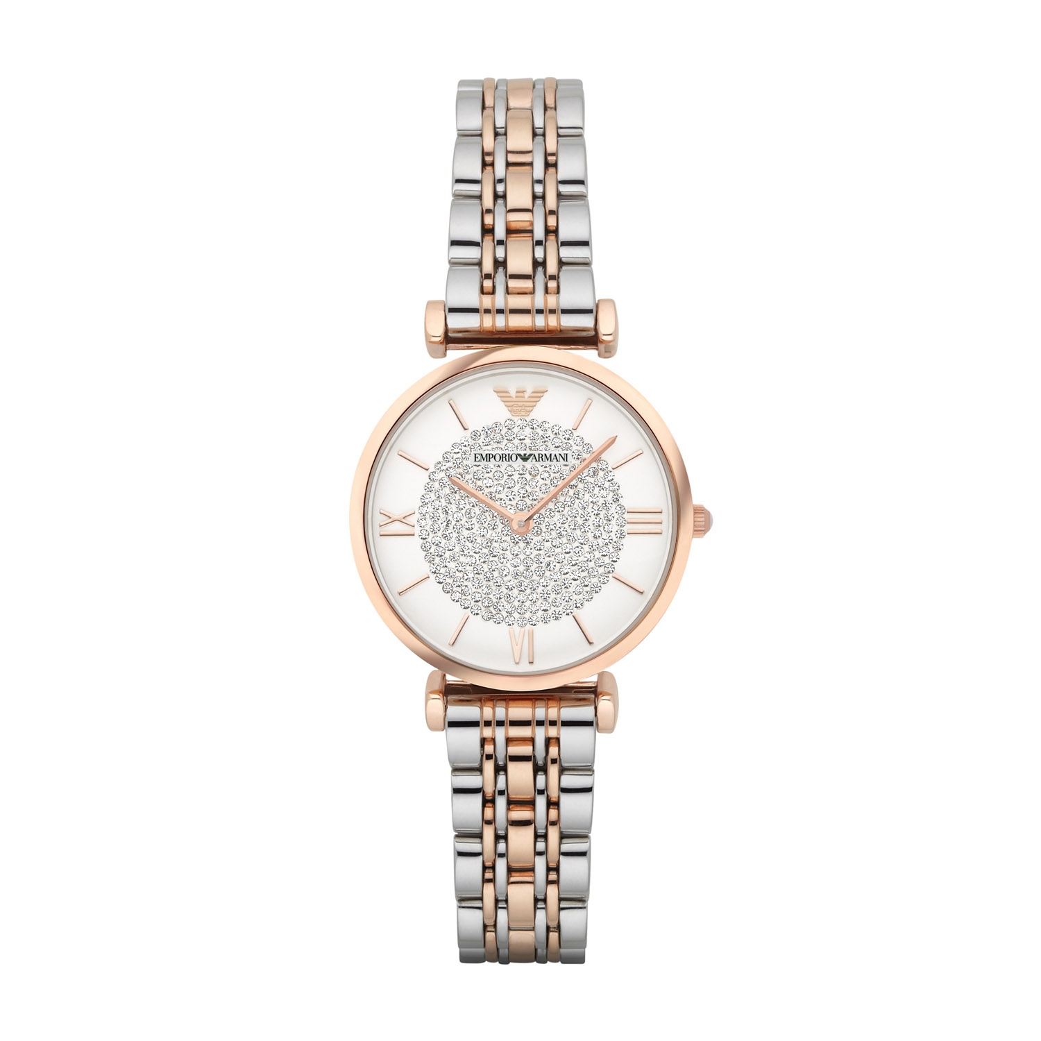 Emporio Armani Gianni T-Bar Cubic Zirconia Set Dial Rose Gold & Steel Case Bracelet Watch